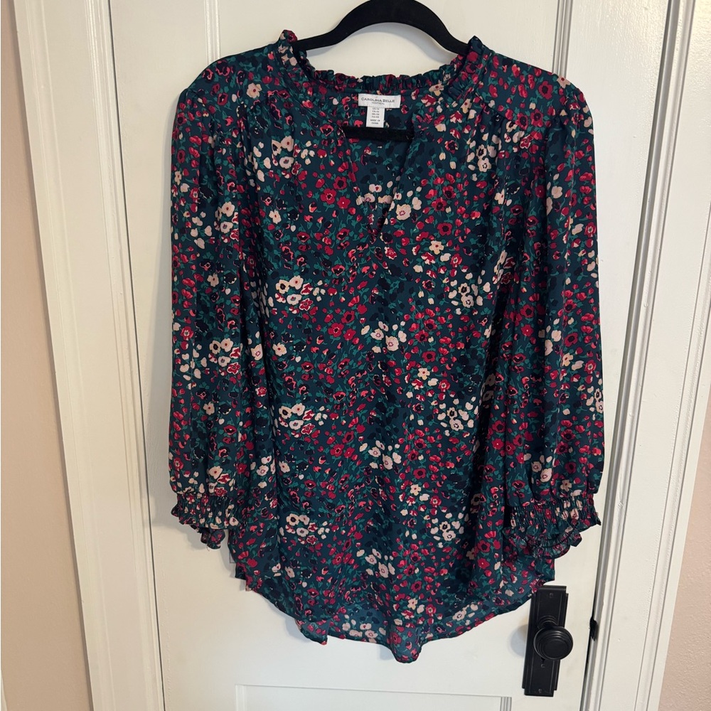 Carolina Belle Green and Pink Relaxed Blouse with 3/4 Sleeves